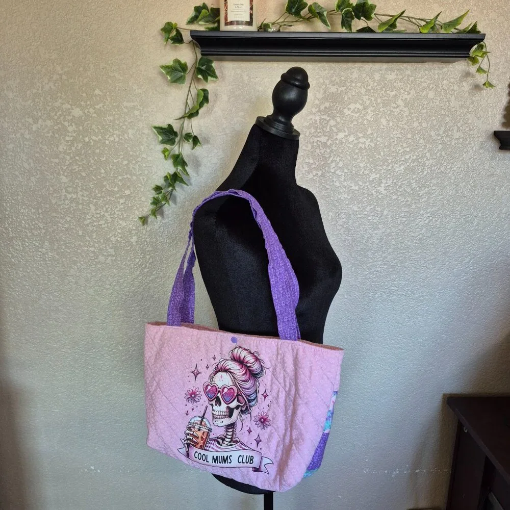 Cool Mums Club Quilted Tote -‎ Skull with Heart Glasses & Coffee - Handcrafted